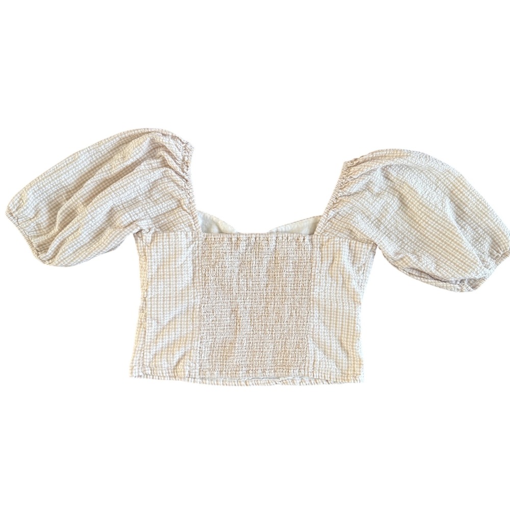 Abercrombie & Fitch Gingham Puff Sleeve Crop Top Tan White Seersucker L - Picture 2 of 7